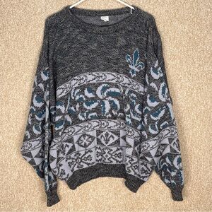 Vintage wool blend Made in Italy sweater sz large fleur-de-lis crew neck 80s 90s